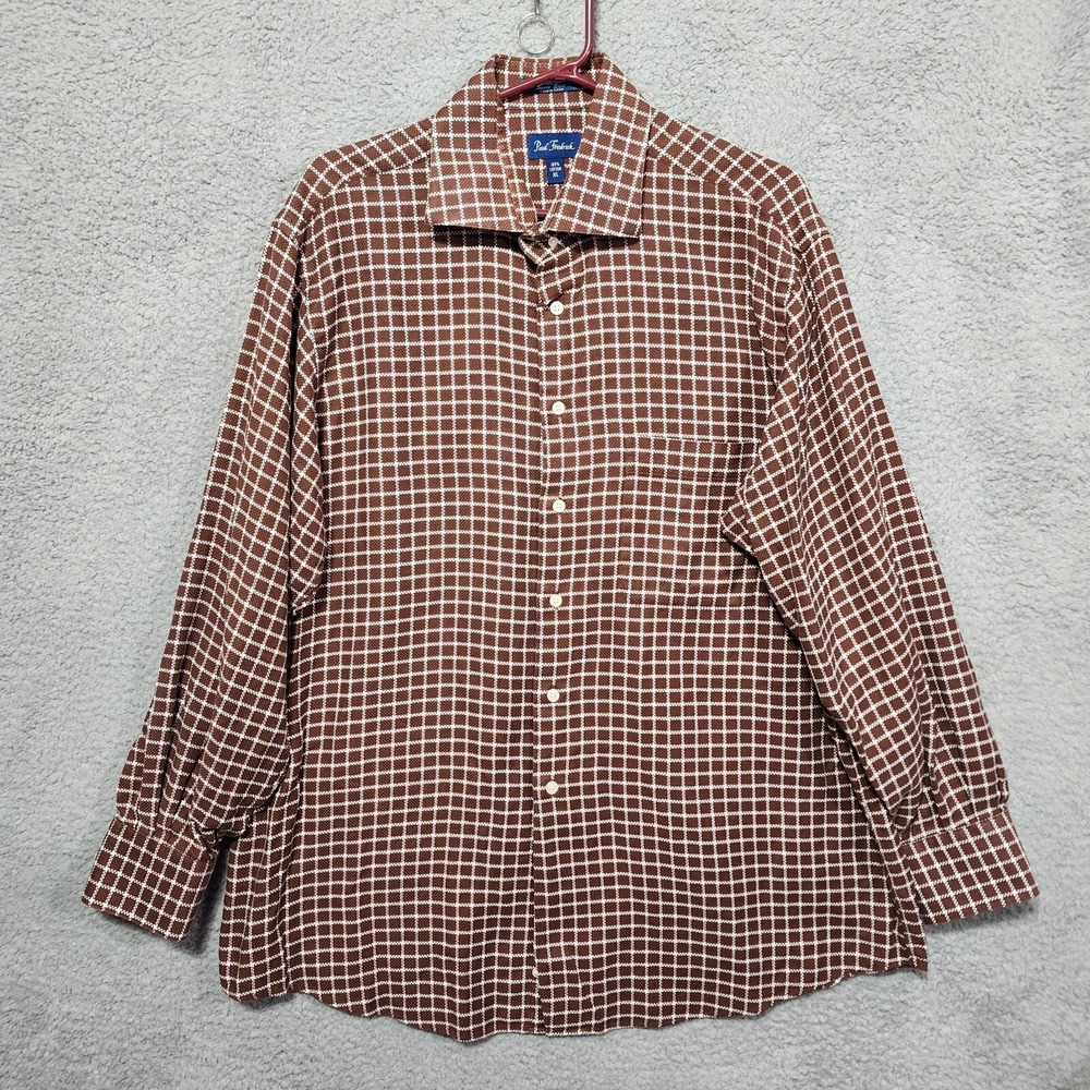 Paul Fredrick Mens‎ Dress Shirt Size XL Brown White Check Long Sleeve
